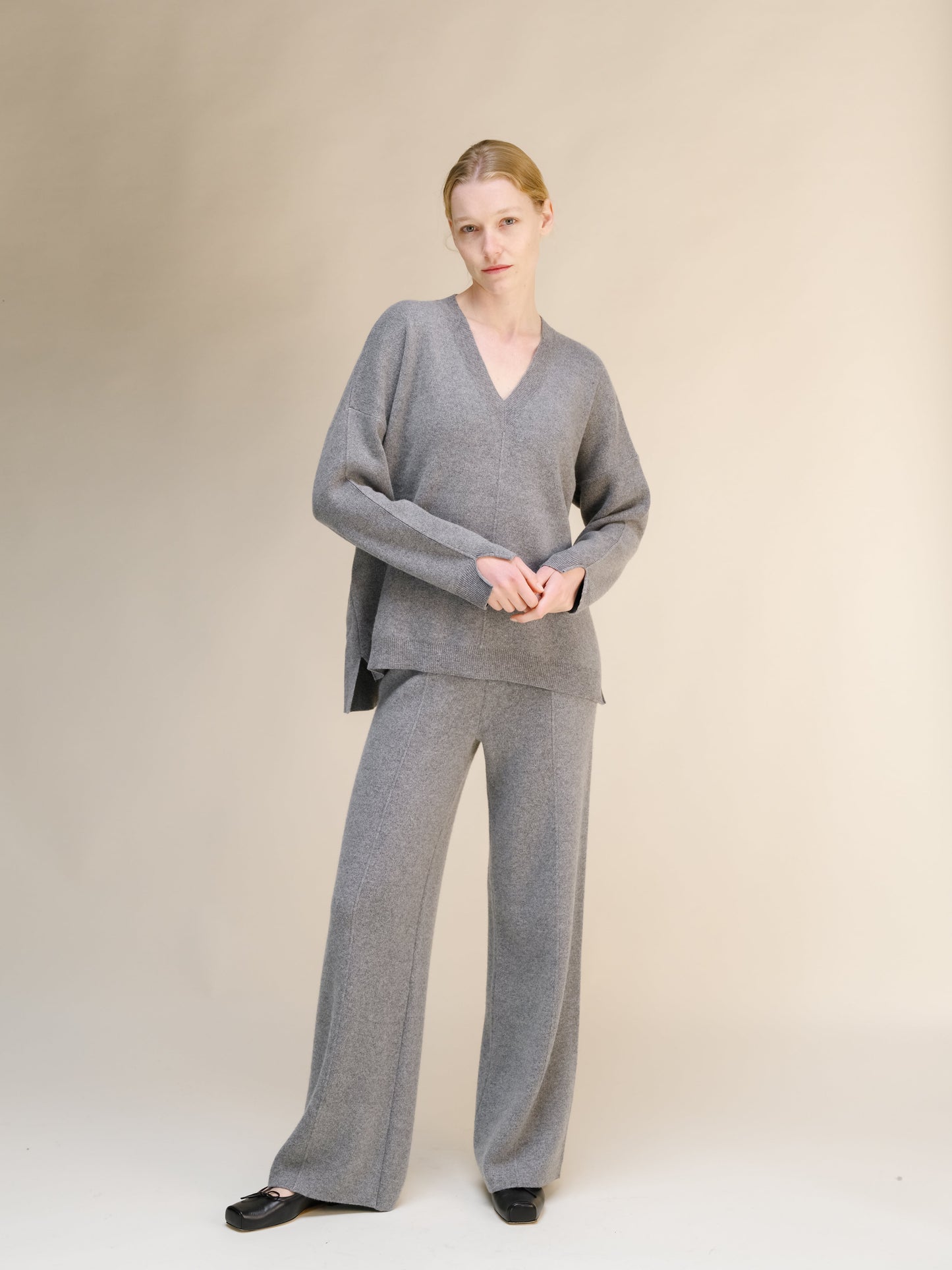 Cashmere Mix Solid Maxi V Neck with Side Slits