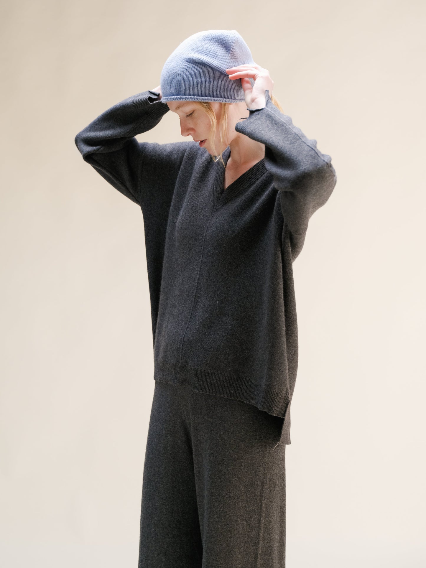 Cashmere Mix Solid Maxi V Neck with Side Slits