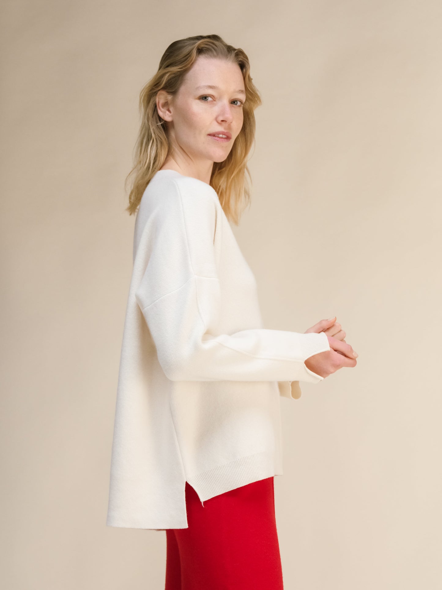 Cashmere Mix Solid Maxi V Neck with Side Slits