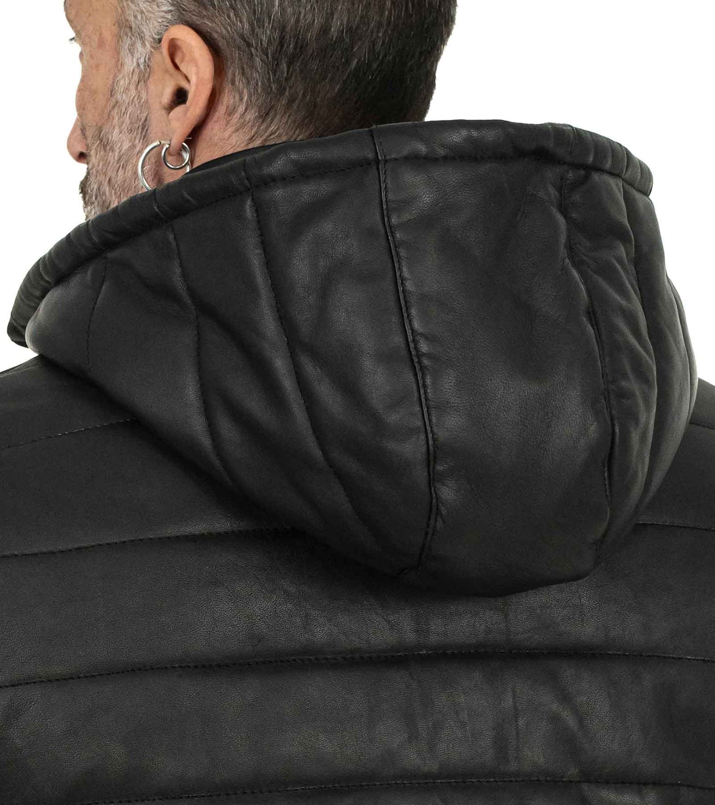 Piumino Giacca In Vera Pelle Nera Uomo Slim Cappuccio Con Cerniera Removibile Rindway