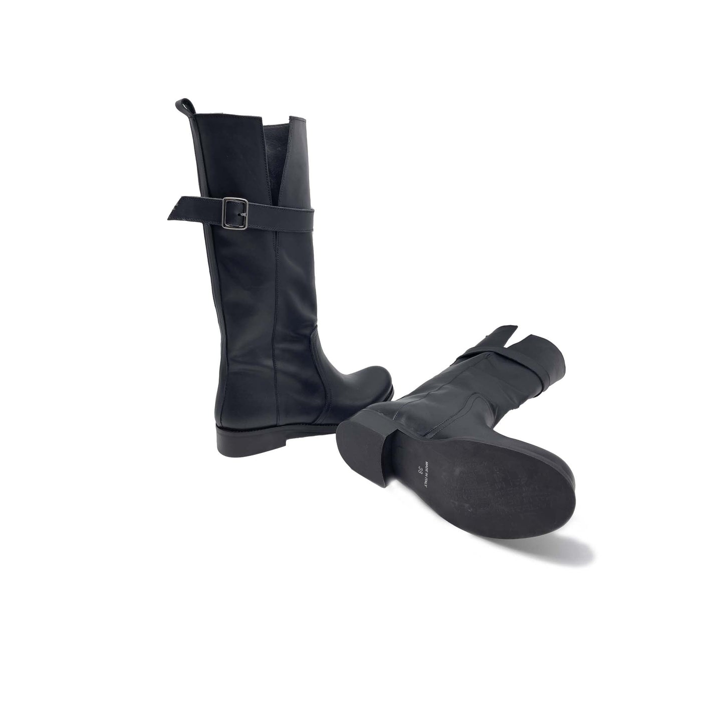 CROWN Stivale Biker in Vera Pelle Nero con fibbia al polpaccio