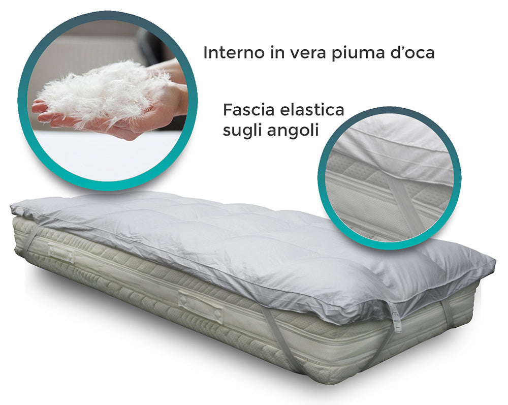 Topper correggi materasso termo regolatore in piuma e piumo oca 20% Piumino 80% Piumetta 600 GR/MQ 160x200 cm