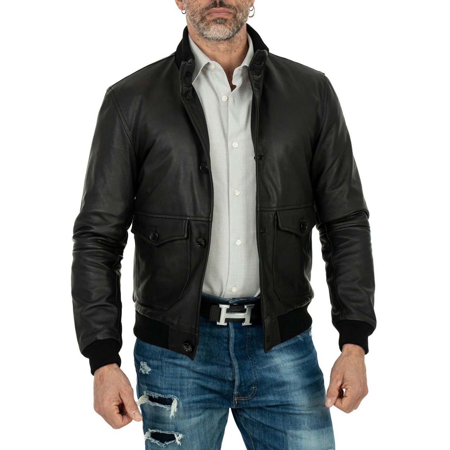 Giacca Bomber In Vera Pelle Nera Uomo Slim Con Bottoni E Tasconi Rindway