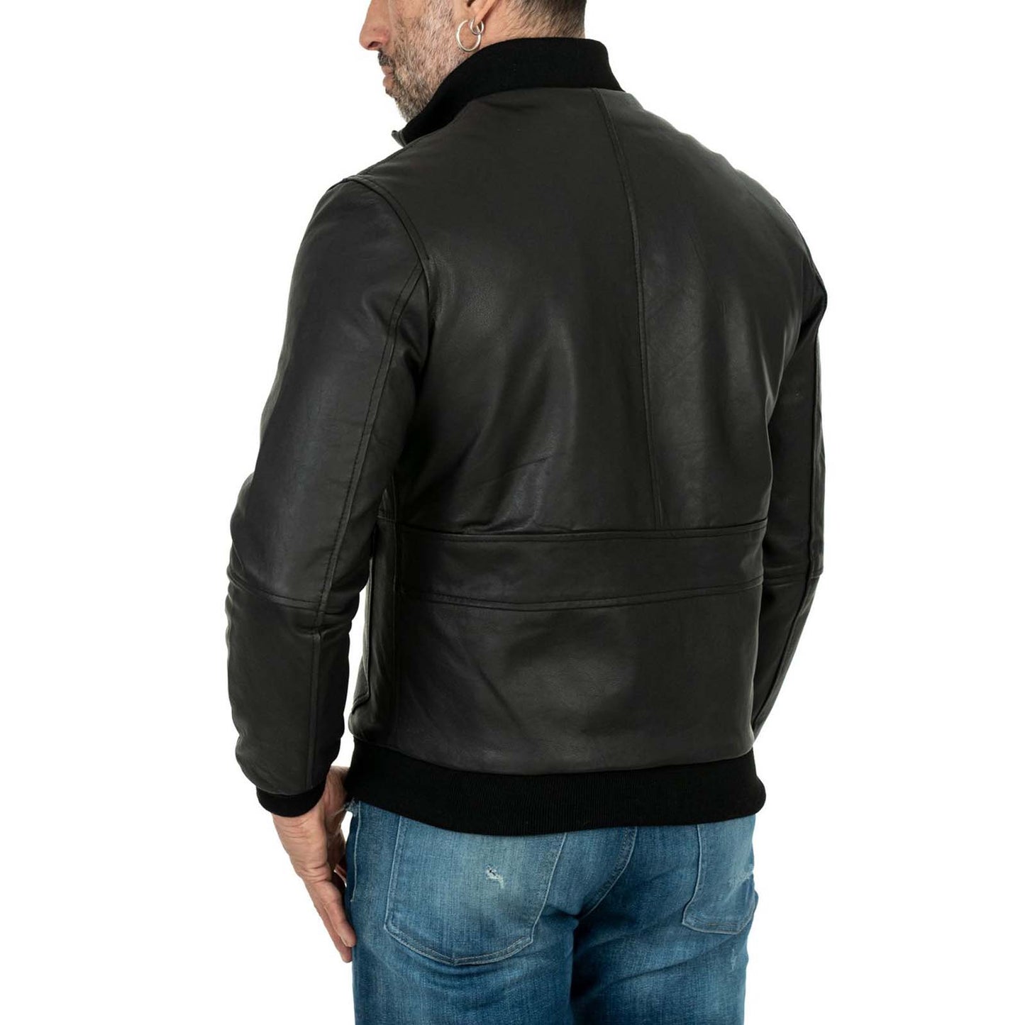 Giacca Bomber In Vera Pelle Nera Uomo Slim Con Bottoni E Tasconi Rindway