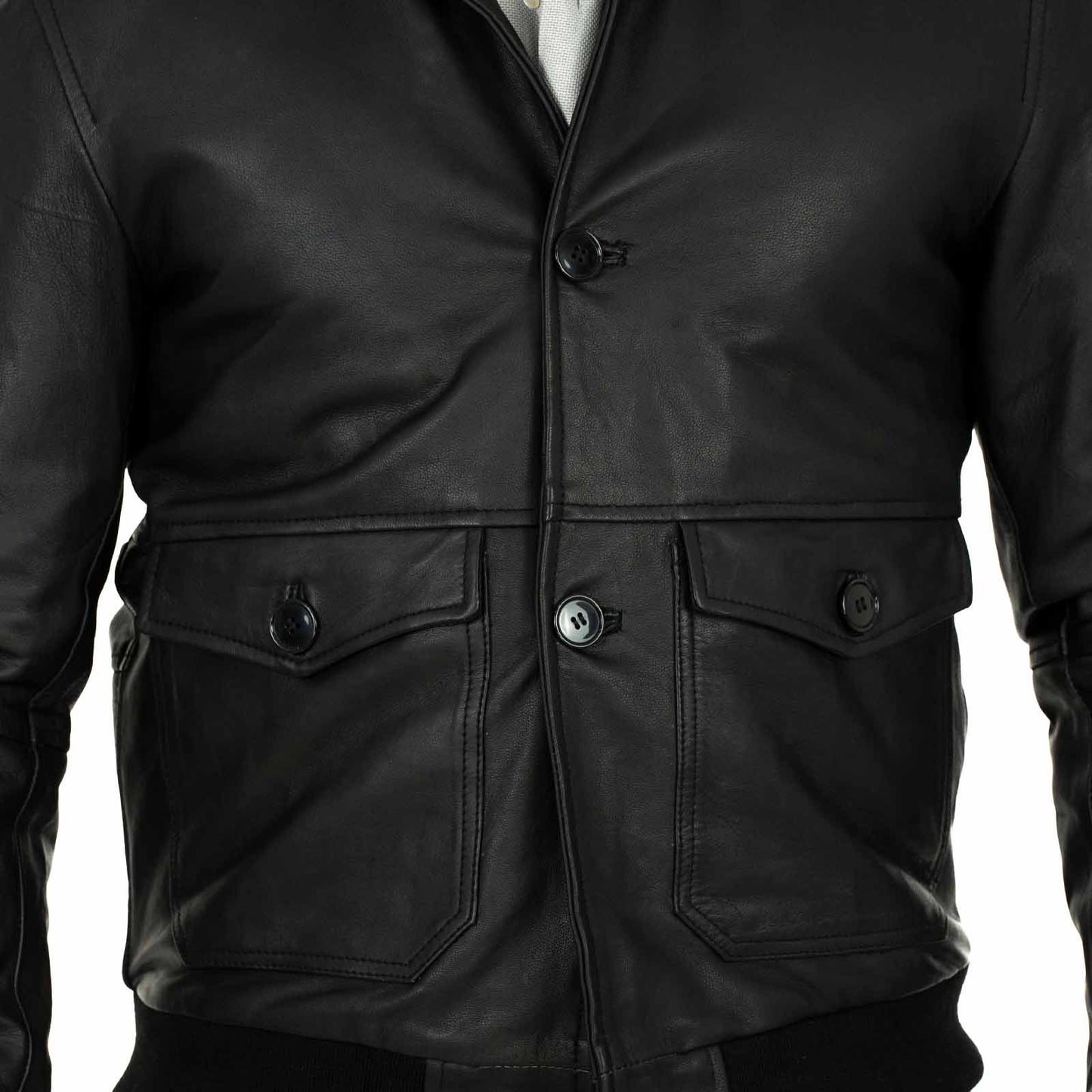 Giacca Bomber In Vera Pelle Nera Uomo Slim Con Bottoni E Tasconi Rindway