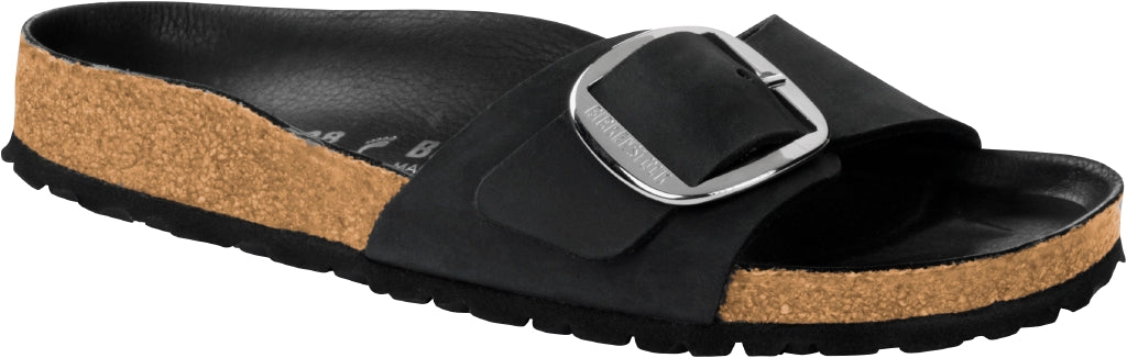 Birkenstock Madrid Big Buckle nero pelle ingrassata pianta stretta