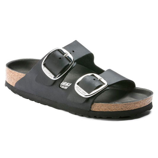 Birkenstock Arizona Big Buckle Nera Pelle Ingrassata Pianta Stretta