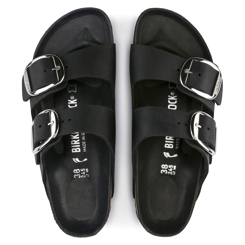 Birkenstock Arizona Big Buckle Nera Pelle Ingrassata Pianta Stretta