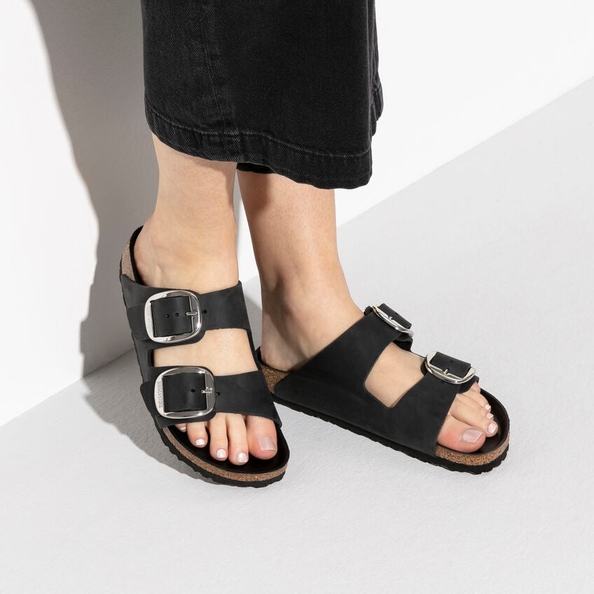 Birkenstock Arizona Big Buckle Nera Pelle Ingrassata Pianta Stretta